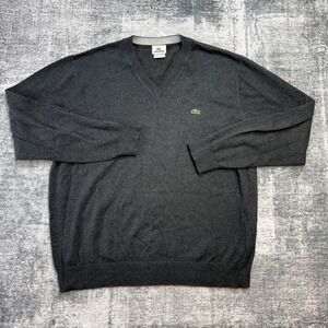 Lacoste Sweater Mens 6 XL Gray V-Neck Knit Lightweight Preppy Ivy Jumper Logo